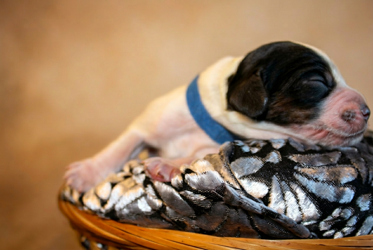 Cucciolo bianco e nero con collarino blu, profilo laterale nella cesta