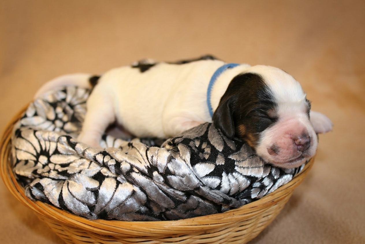Cucciolo bianco e nero con collarino blu, disteso nella cesta su coperta floreale