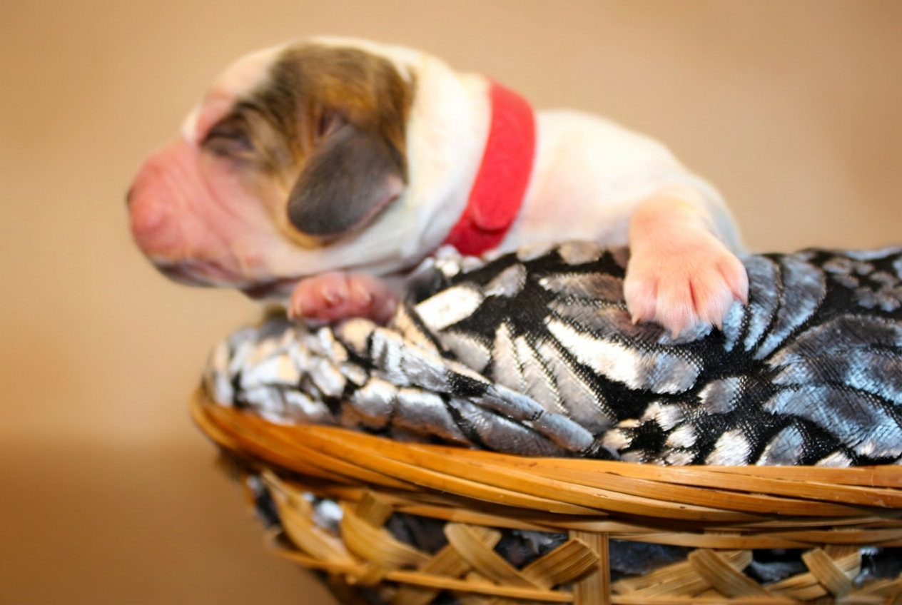 Cucciolo bianco con collarino rosso, profilo laterale appoggiato sulla coperta nella cesta