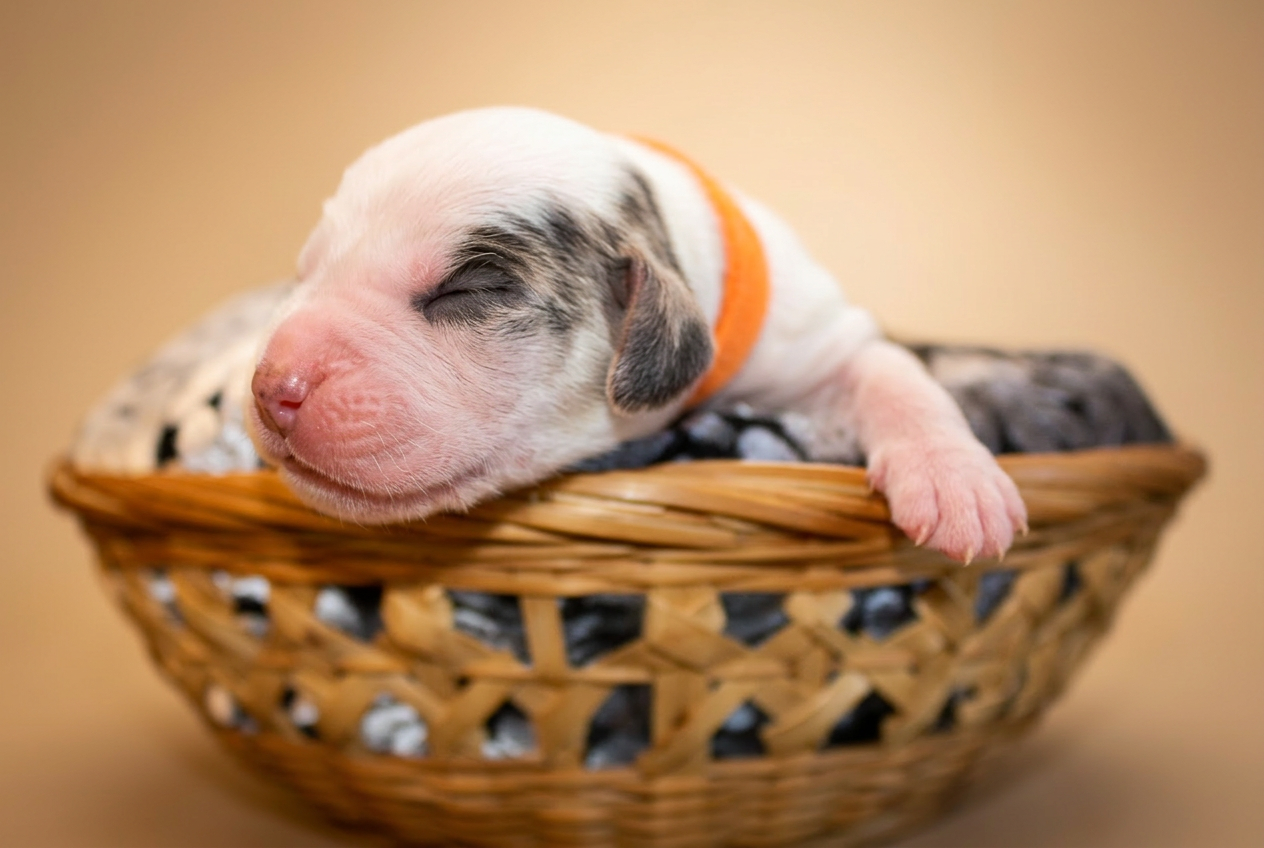 Cucciolo bianco con collarino arancione, appoggiato al bordo della cesta con zampetta in vista