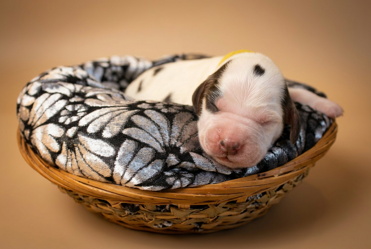 Cucciolo bianco maculato con collarino giallo, primo piano del musetto appoggiato nella cesta