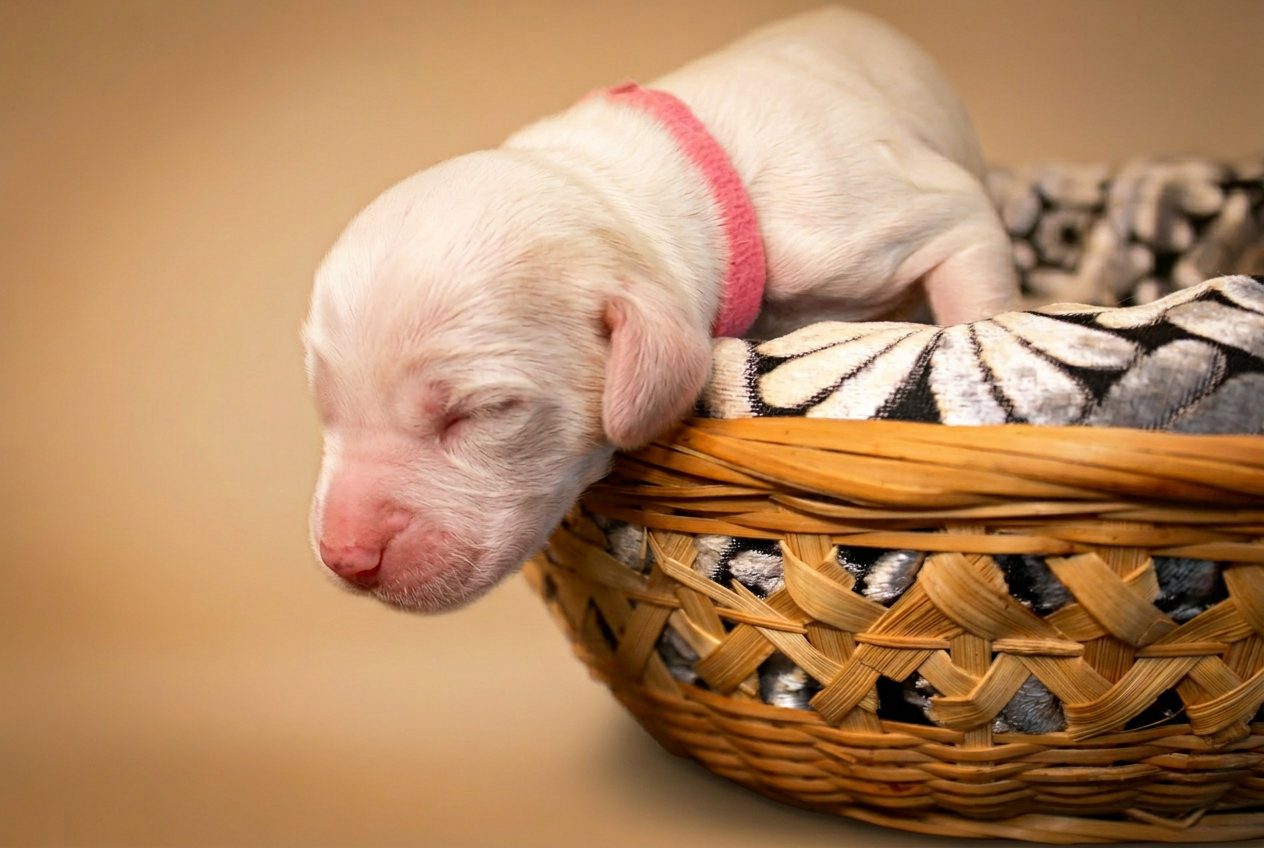 Cucciolo bianco con nastro rosa, ritratto ravvicinato del muso