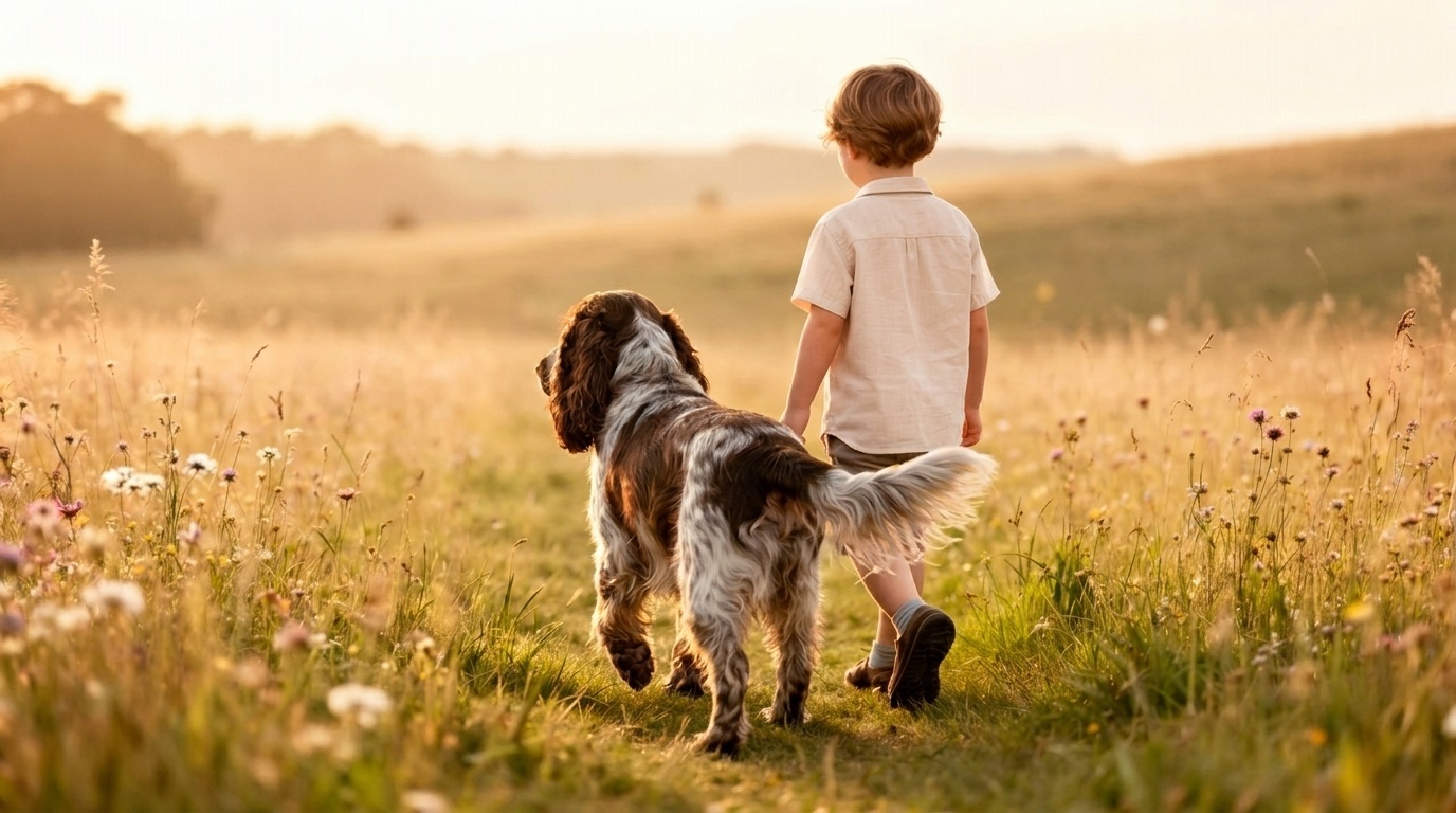Un Cocker accompagna con dolcezza un bambino in un momento condiviso